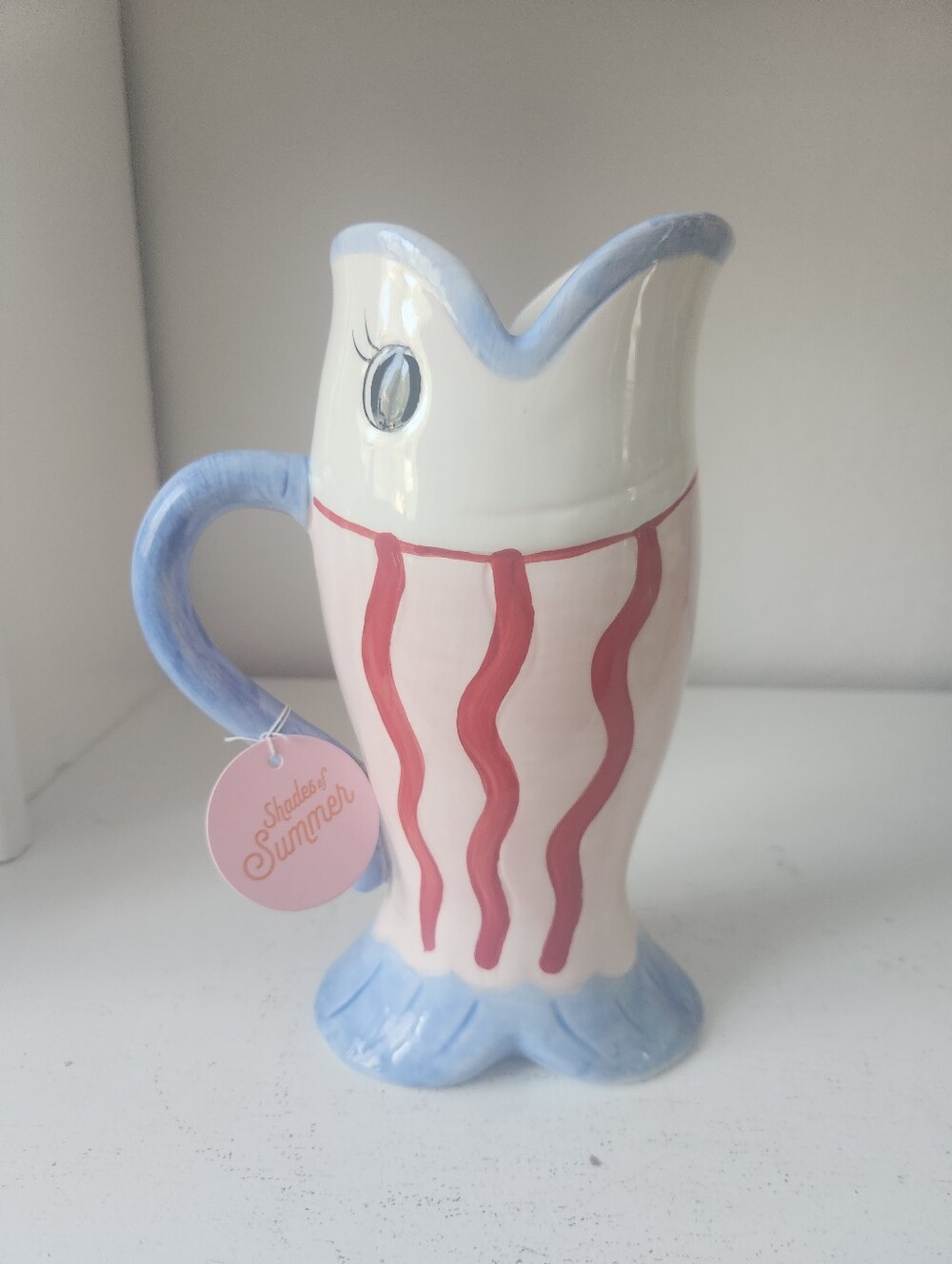 Hand-Painted Ceramic Summer Fish Pitcher Vase- Pink, Red, Blue & White